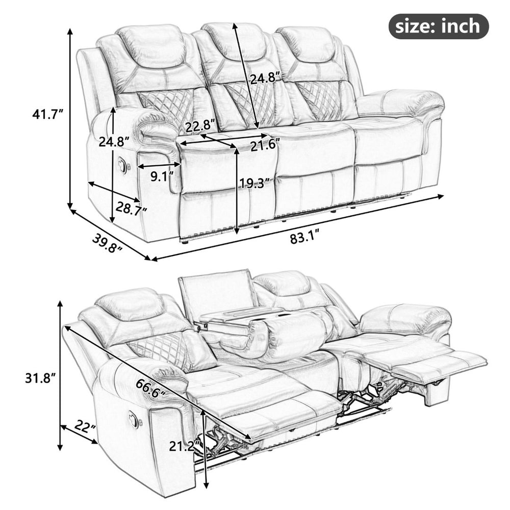English Elm Home Theater Two Seat Manual Recliner with Led Base Lighting and Built in Console SG001131AAJ