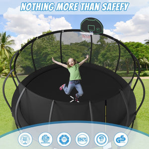 English Elm 14ft Outdoor Trampoline with Arcpole Safety Enclosure Basketball Hoop and Ground Stakes SC000014AAB