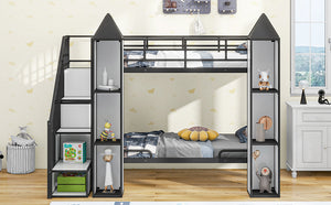 English Elm Metal Castle Twin over Twin Bunk Bed with Staircase Storage, Built-in Wardrobe and Sturdy Frame White+Black GX000630AAB