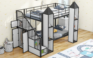 English Elm Metal Castle Twin over Twin Bunk Bed with Staircase Storage, Built-in Wardrobe and Sturdy Frame White+Black GX000630AAB