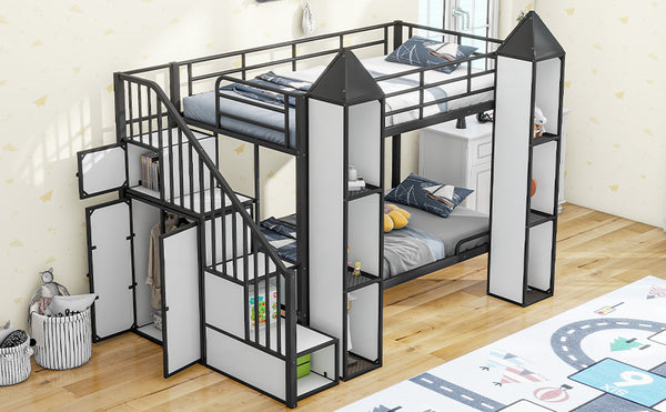 English Elm Metal Castle Twin over Twin Bunk Bed with Staircase Storage, Built-in Wardrobe and Sturdy Frame White+Black GX000630AAB