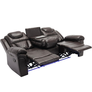 English Elm Home Theater Manual Recliner with Led Strip Console Usb Charging Faux Leather Seat Brown WF310727AAD