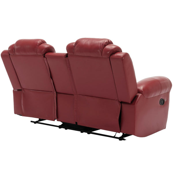 English Elm Home Theater Manual Reclining Loveseat Faux Leather with Led Lighting and Storage Console Wine Red WF310726AAJ