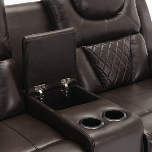 English Elm Home Theater Manual Reclining Loveseat Faux Leather with Led Lighting and Storage Console Brown WF310726AAD