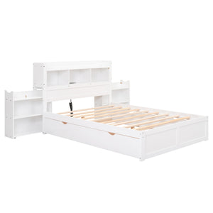 English Elm Full Full Size Storage Platform Bed with Trundle, 4-Tier Headboard Shelves and Dual Drawers, Solid Wood White GX000356AAK