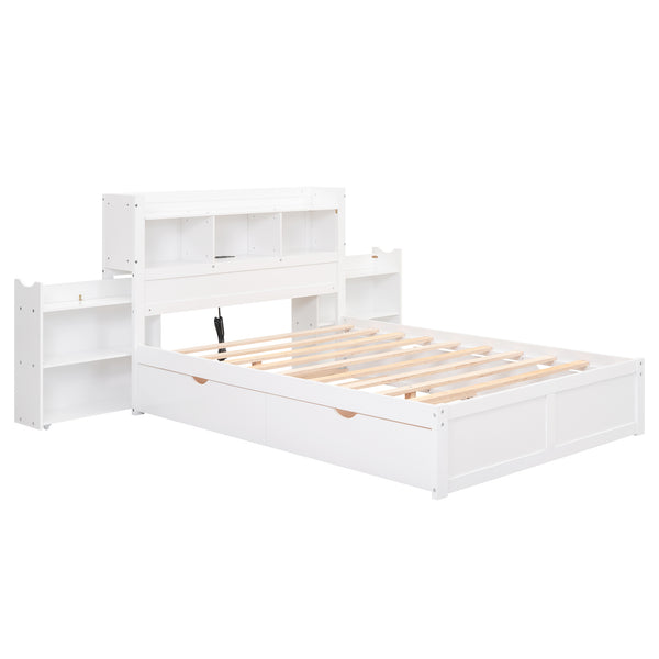 English Elm Full Full Size Storage Platform Bed with Trundle, 4-Tier Headboard Shelves and Dual Drawers, Solid Wood White GX000356AAK