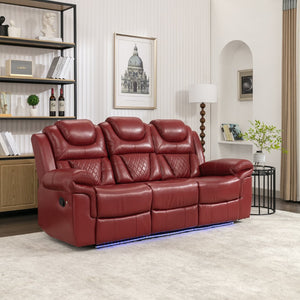 English Elm Home Theater Manual Recliner with Led Strip Console Usb Charging Faux Leather Seat Red WF310727AAJ