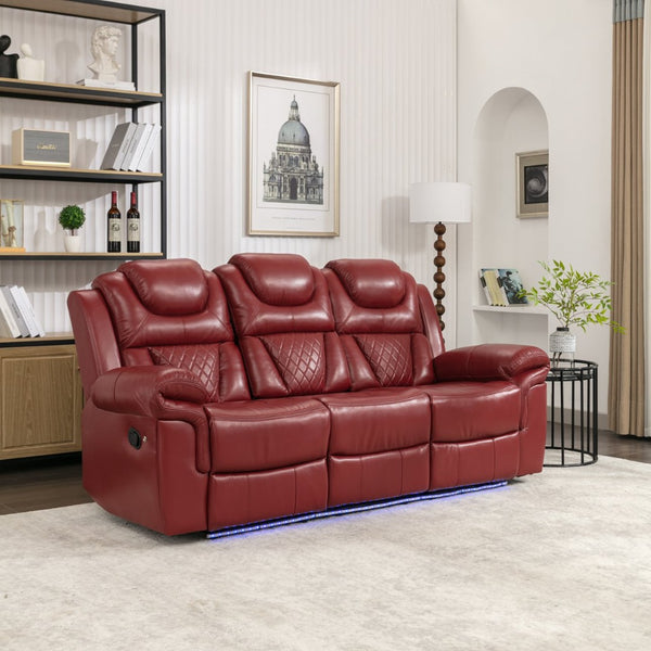 English Elm Home Theater Manual Recliner with Led Strip Console Usb Charging Faux Leather Seat Red WF310727AAJ