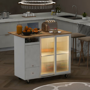 English Elm Kitchen Island With Drop Leaf, Led Light Kitchen Cart On Wheels With 2 Fluted Glass Doors and 1 Flip Cabinet Door, Large Kitchen Island Cart With An Adjustable Shelf and 2 Drawers (White)