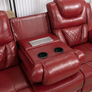 English Elm Home Theater Manual Recliner with Led Strip Console Usb Charging Faux Leather Seat Red WF310727AAJ