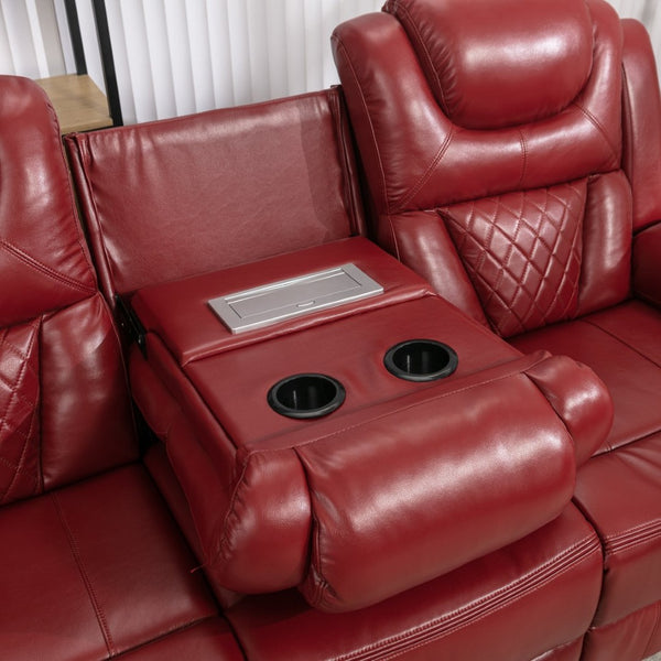 English Elm Home Theater Manual Recliner with Led Strip Console Usb Charging Faux Leather Seat Red WF310727AAJ