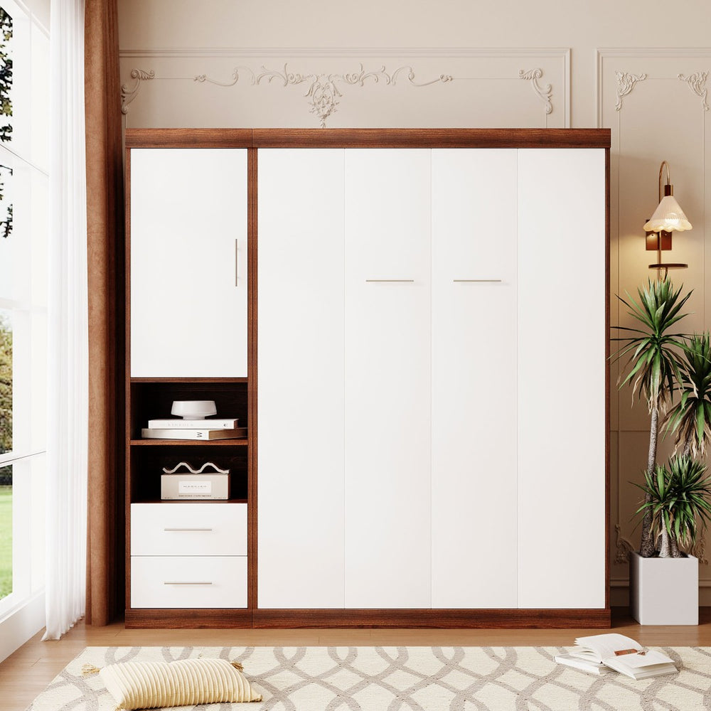 English Elm Full Size Murphy Wall Bed with Side Cabinet Space Saving Foldaway for Studio Rooms LP000691AAK