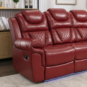 English Elm Home Theater Manual Recliner with Led Strip Console Usb Charging Faux Leather Seat Red WF310727AAJ