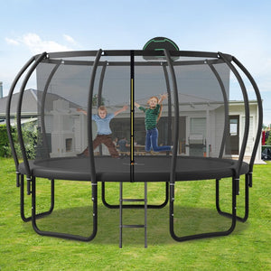 English Elm 14ft Outdoor Trampoline with Arcpole Safety Enclosure Basketball Hoop and Ground Stakes SC000014AAB