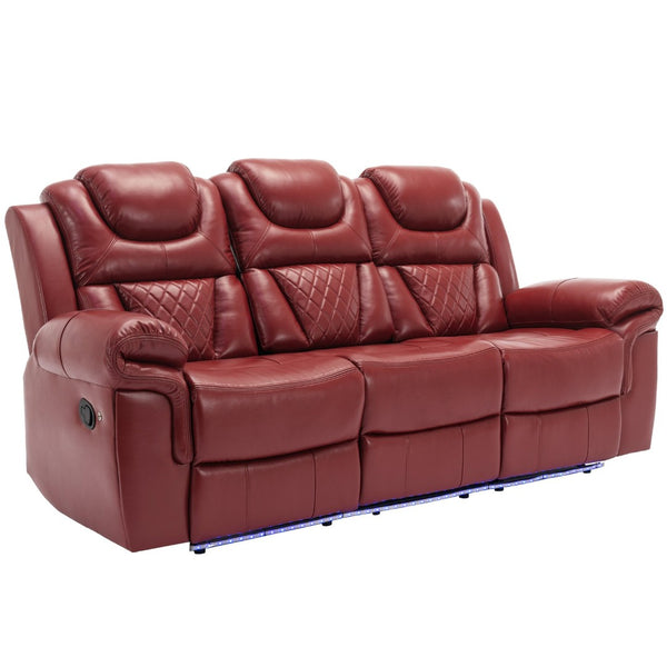 English Elm Home Theater Manual Recliner with Led Strip Console Usb Charging Faux Leather Seat Red WF310727AAJ