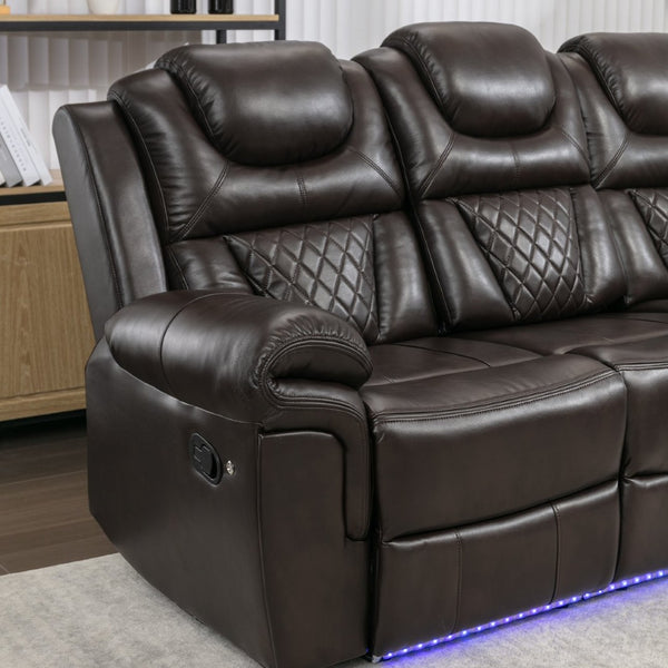 English Elm Home Theater Manual Recliner with Led Strip Console Usb Charging Faux Leather Seat Brown WF310727AAD