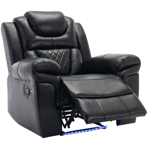 English Elm Home Theater Manual Recliner with Led Base Lighting Faux Leather Living Room Chair Black WF310725AAB