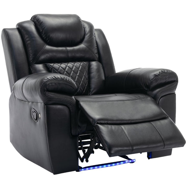English Elm Home Theater Manual Recliner with Led Base Lighting Faux Leather Living Room Chair Black WF310725AAB