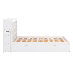 English Elm Full Full Size Storage Platform Bed with Trundle, 4-Tier Headboard Shelves and Dual Drawers, Solid Wood White GX000356AAK