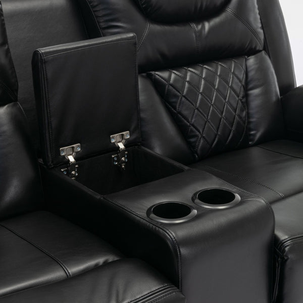 English Elm Home Theater Manual Reclining Loveseat Faux Leather with Led Lighting and Storage Console Black WF310726AAB