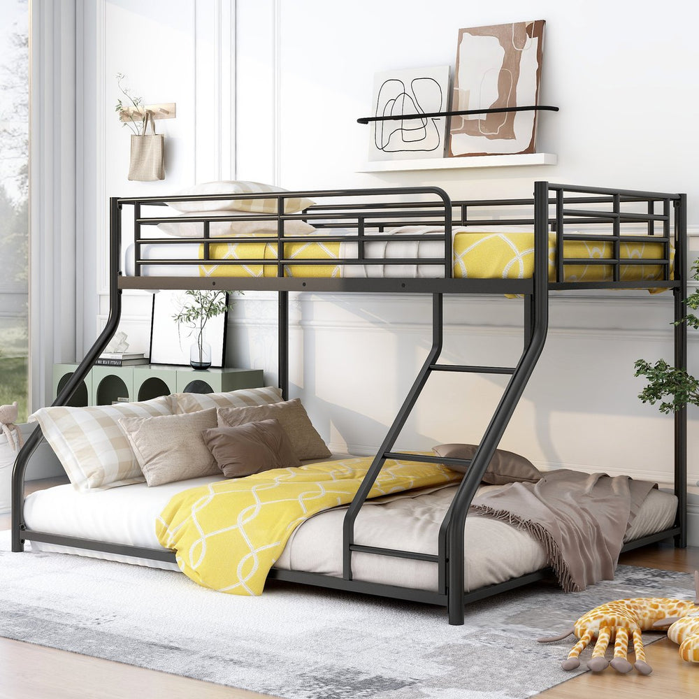 English Elm Metal Floor Bunk Bed Twin XL over Queen Black — Space-Saving Steel Frame, Inclined Ladder, Durable Sleek Design MF309470AAB