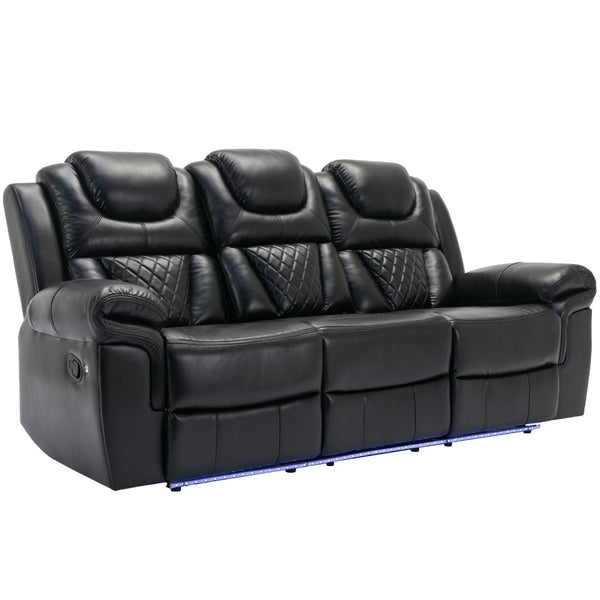 English Elm Home Theater Manual Recliner with Led Strip Console Usb Charging Faux Leather Seat Black WF310727AAB
