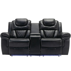 English Elm 3 Piece Faux Leather Manual Recliner Set with Led Base Lighting and Console Black SG001130AAB