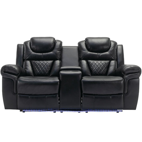 English Elm 3 Piece Faux Leather Manual Recliner Set with Led Base Lighting and Console Black SG001130AAB
