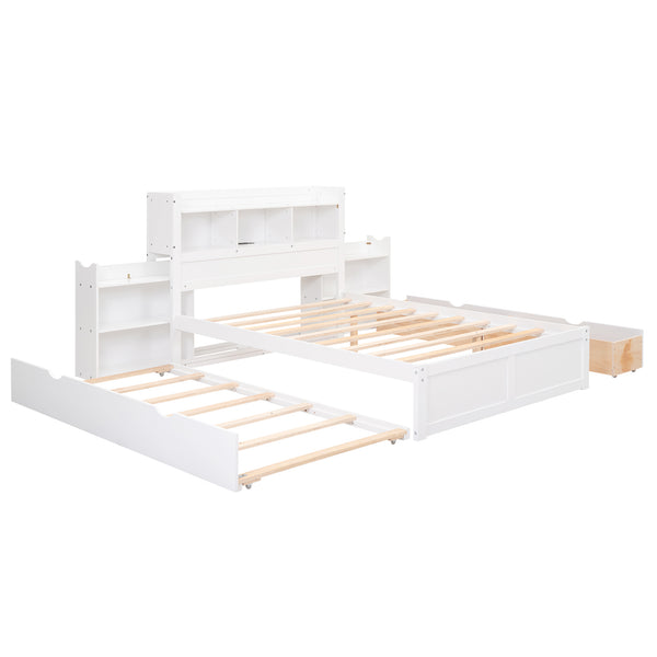 English Elm Full Full Size Storage Platform Bed with Trundle, 4-Tier Headboard Shelves and Dual Drawers, Solid Wood White GX000356AAK