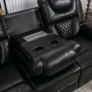 English Elm Home Theater Manual Recliner with Led Strip Console Usb Charging Faux Leather Seat Black WF310727AAB