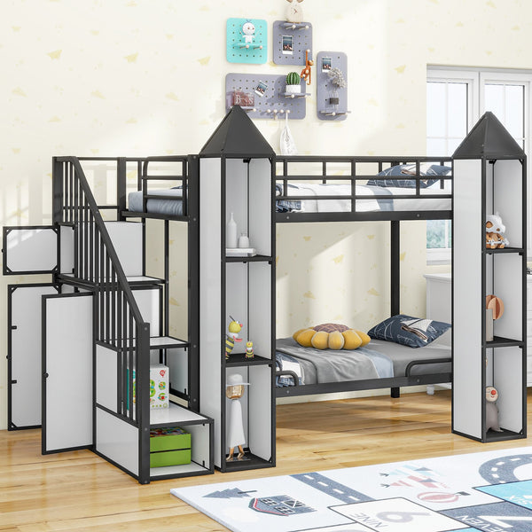 English Elm Metal Castle Twin over Twin Bunk Bed with Staircase Storage, Built-in Wardrobe and Sturdy Frame White+Black GX000630AAB