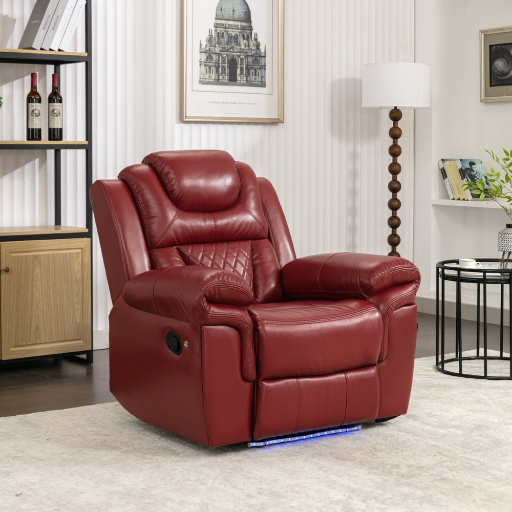 English Elm Home Theater Manual Recliner with Led Base Lighting Faux Leather Living Room Chair Wine Red WF310725AAJ