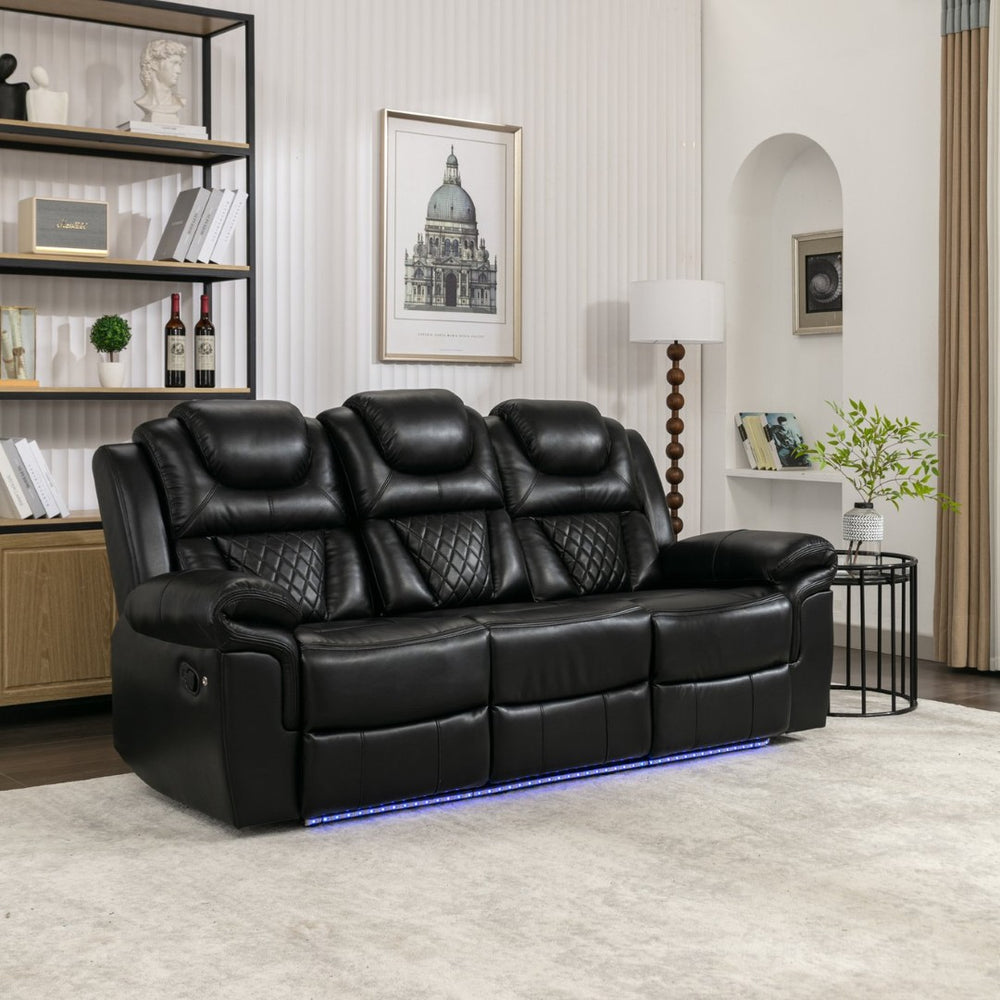 English Elm Home Theater Manual Recliner with Led Strip Console Usb Charging Faux Leather Seat Black WF310727AAB