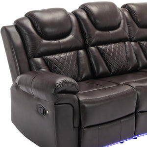 English Elm Home Theater Manual Recliner with Led Strip Console Usb Charging Faux Leather Seat Brown WF310727AAD