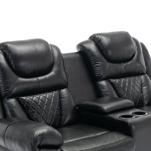 English Elm Home Theater Manual Reclining Loveseat Faux Leather with Led Lighting and Storage Console Black WF310726AAB