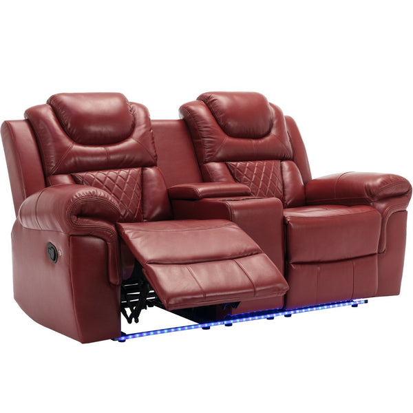 English Elm 3 Piece Faux Leather Manual Recliner Set with Led Base Lighting and Console Wine Red SG001130AAJ