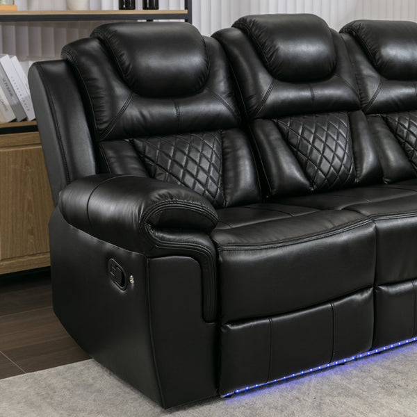 English Elm Home Theater Manual Recliner with Led Strip Console Usb Charging Faux Leather Seat Black WF310727AAB