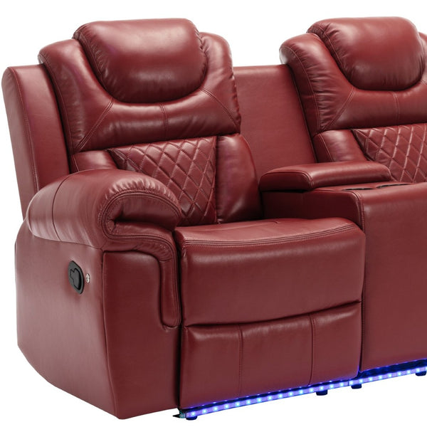 English Elm Home Theater Manual Reclining Loveseat Faux Leather with Led Lighting and Storage Console Wine Red WF310726AAJ