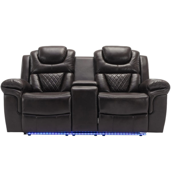 English Elm Home Theater Manual Reclining Loveseat Faux Leather with Led Lighting and Storage Console Brown WF310726AAD
