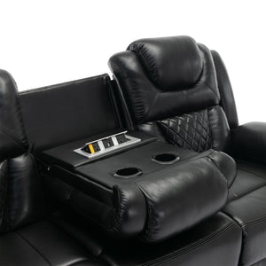 English Elm 3 Piece Faux Leather Manual Recliner Set with Led Base Lighting and Console Black SG001130AAB