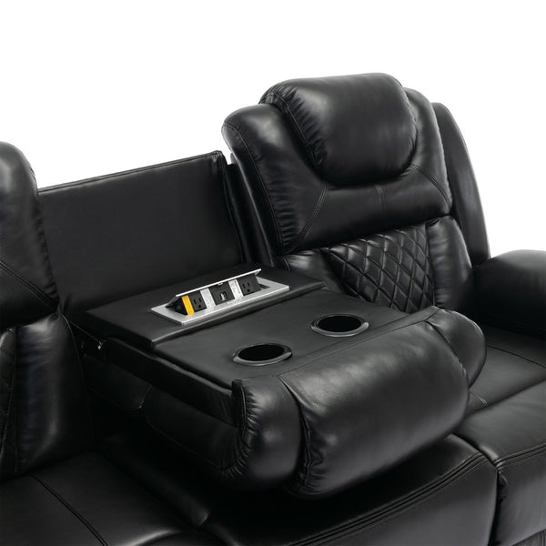 English Elm Home Theater Manual Recliner with Led Strip Console Usb Charging Faux Leather Seat Black WF310727AAB