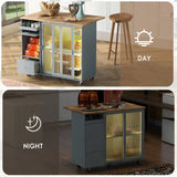 English Elm Kitchen Island With Drop Leaf, Led Light Kitchen Cart On Wheels With 2 Fluted Glass Doors and 1 Flip Cabinet Door, Large Kitchen Island Cart With An Adjustable Shelf and 2 Drawers (Grey Blue)