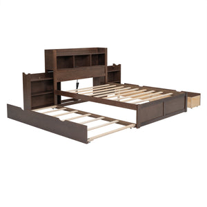 English Elm Full Full Size Storage Platform Bed with Trundle, 4-Tier Headboard Shelves and Dual Drawers, Solid Wood Espresso GX000356AAP