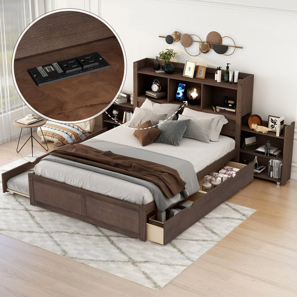 English Elm Full Full Size Storage Platform Bed with Trundle, 4-Tier Headboard Shelves and Dual Drawers, Solid Wood Espresso GX000356AAP