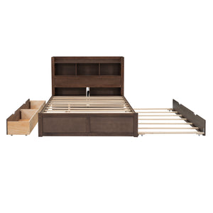 English Elm Full Full Size Storage Platform Bed with Trundle, 4-Tier Headboard Shelves and Dual Drawers, Solid Wood Espresso GX000356AAP