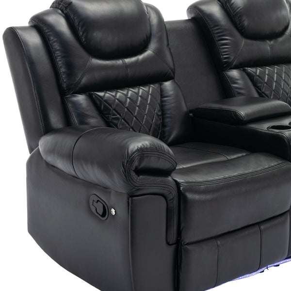 English Elm Home Theater Manual Reclining Loveseat Faux Leather with Led Lighting and Storage Console Black WF310726AAB