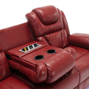 English Elm Home Theater Manual Recliner with Led Strip Console Usb Charging Faux Leather Seat Red WF310727AAJ