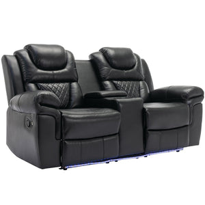 English Elm Home Theater Manual Reclining Loveseat Faux Leather with Led Lighting and Storage Console Black WF310726AAB