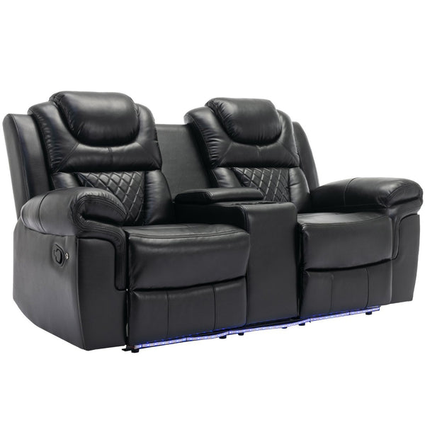 English Elm Home Theater Manual Reclining Loveseat Faux Leather with Led Lighting and Storage Console Black WF310726AAB