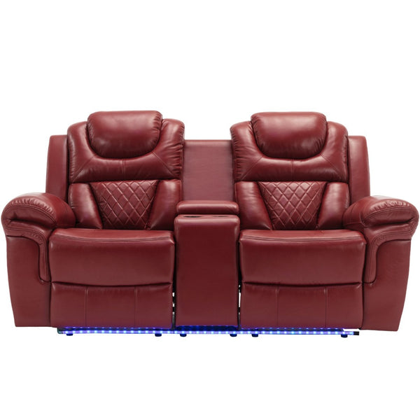 English Elm Home Theater Manual Reclining Loveseat Faux Leather with Led Lighting and Storage Console Wine Red WF310726AAJ